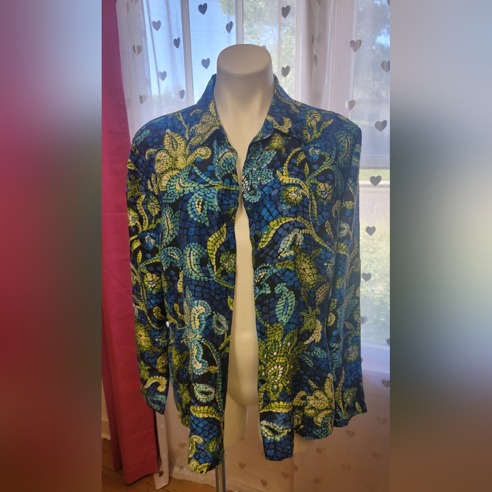 #38 Chico's Blue Green Flower Detailed Blazer Size 3 (16)